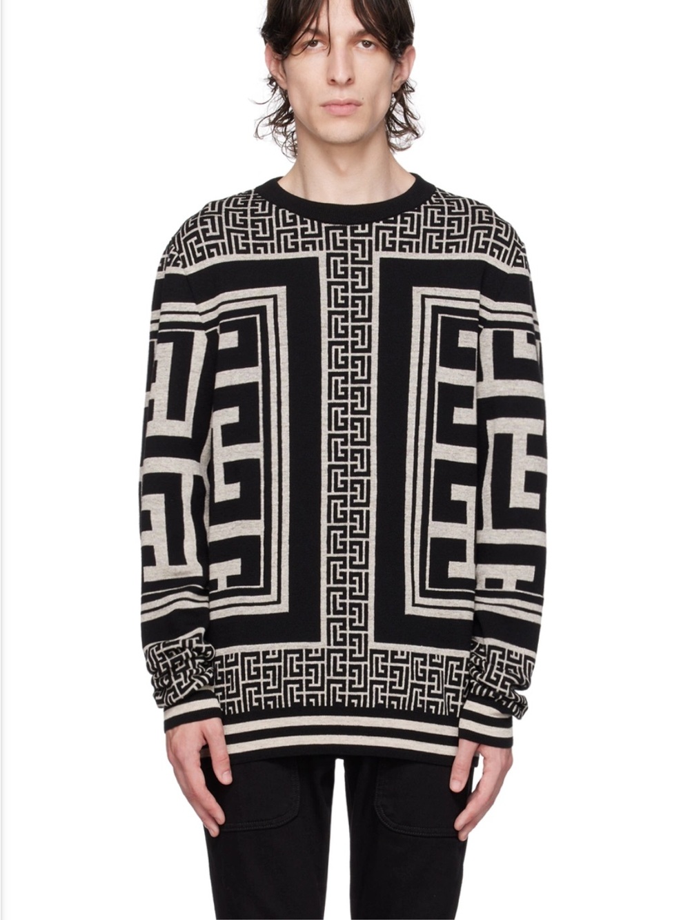 Balmain Black and Rust Geometric GREEK KEY Jacquard Crewneck Sweater